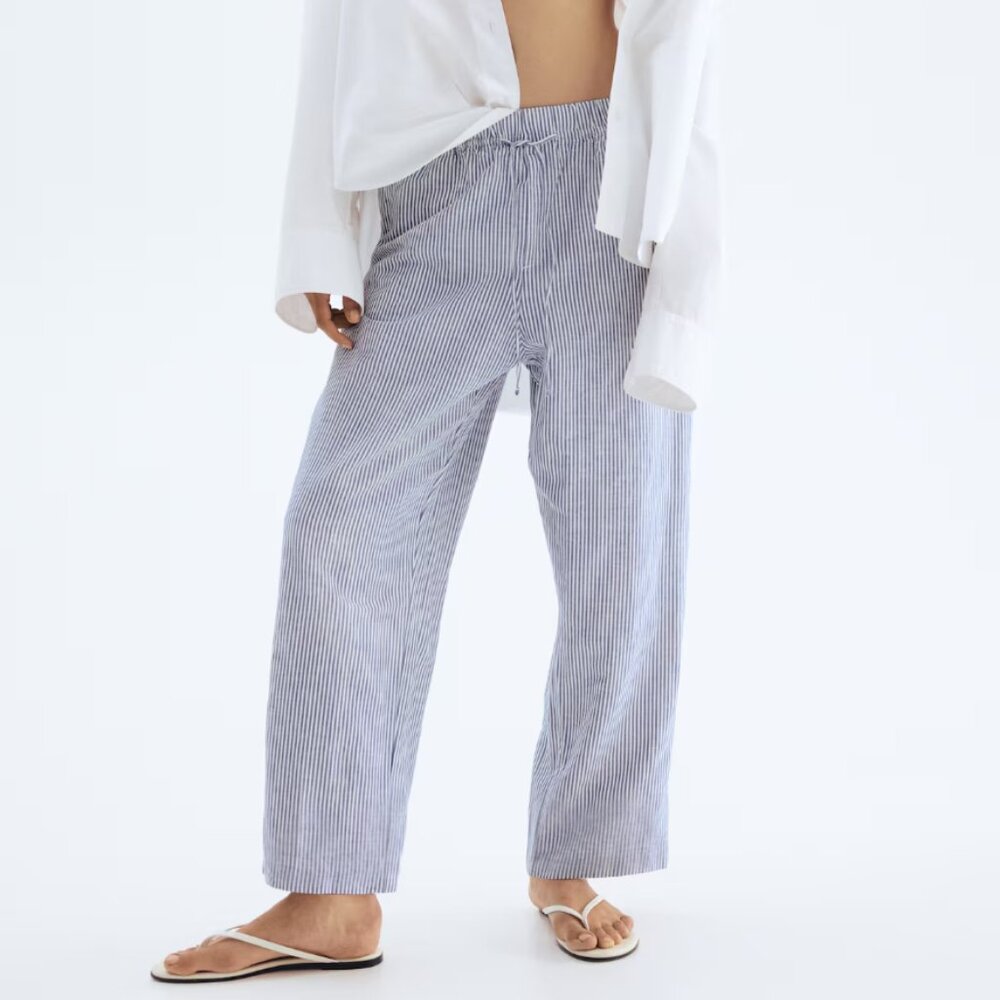 H&M Blue and White Striped Linen Blend Pants, size S